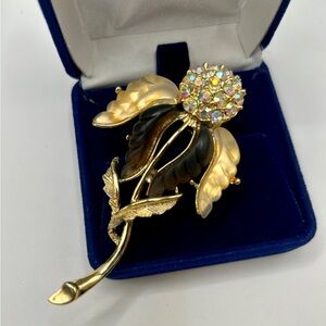 90’s Elegant Gold, Brown Floral Rhinestone Brooch Unsigned Lisner​